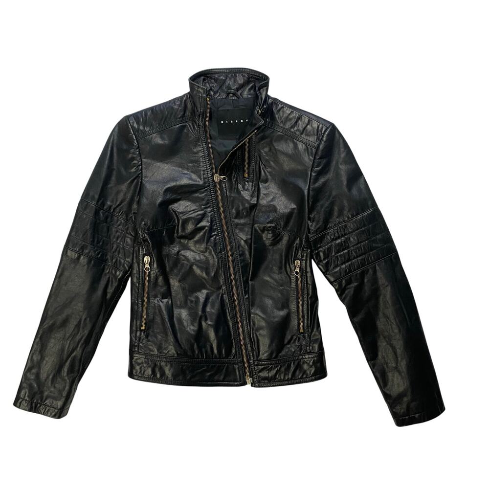 Sisley Black Leather Motorcyle Jacket